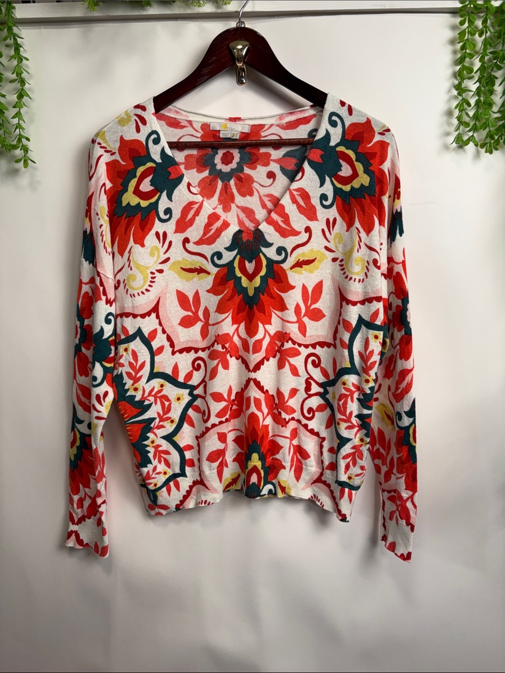 Boden Floral V-Neck Sweater - Red, Teal & Cream linen & cotton